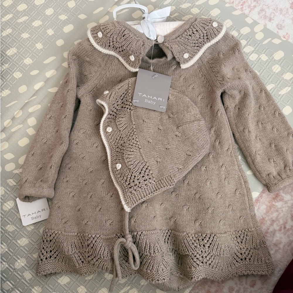 Tahari Baby Taupe Knit Dress and Bonnet Set